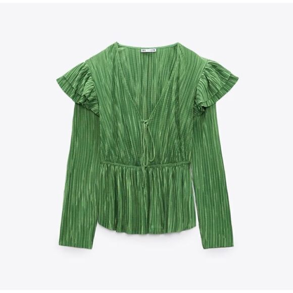 NWT Zara Green Ruffled Pleated Crinkled Long Sleeve Blouse, Size Small - Picture 7 of 13